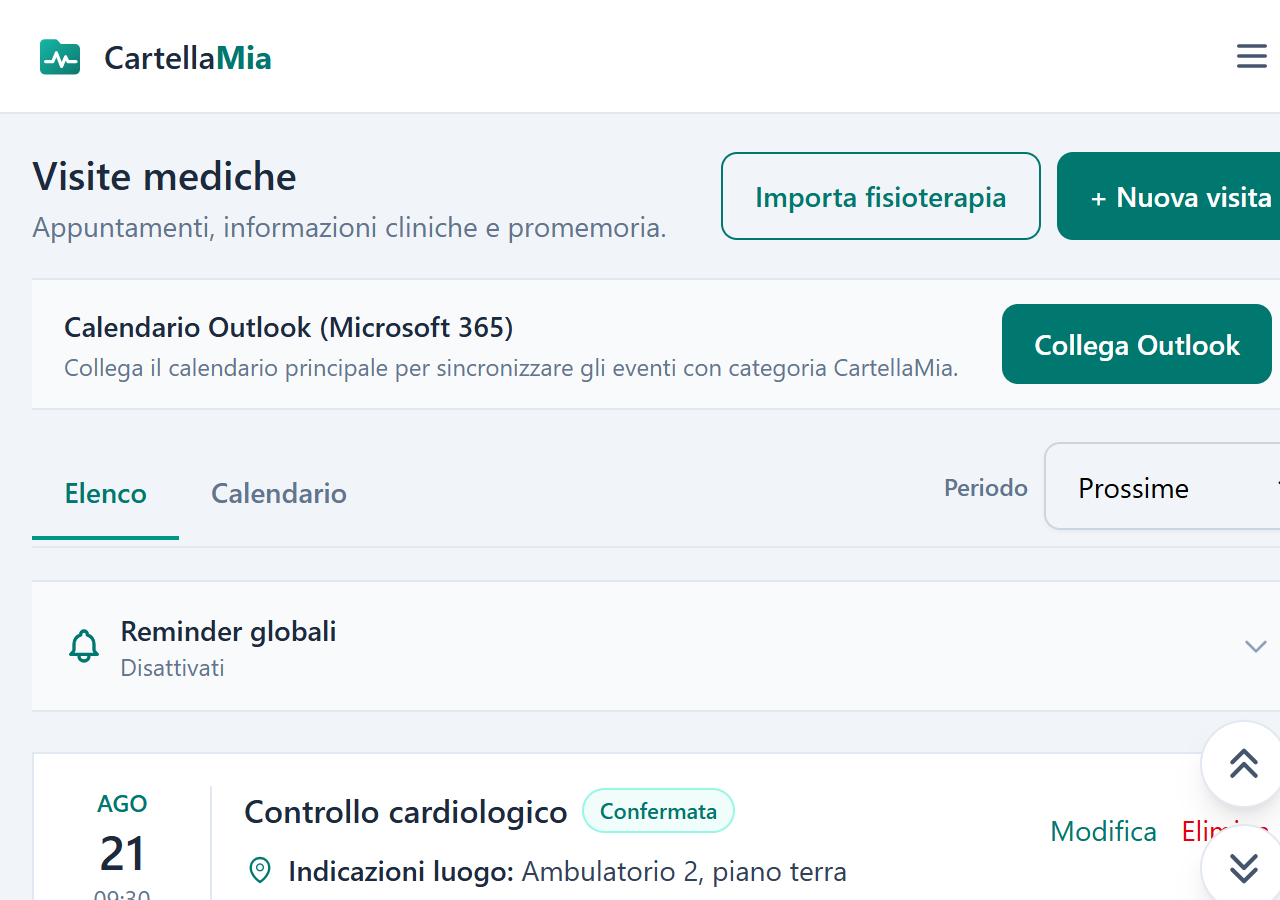 Agenda delle visite mediche in CartellaMia