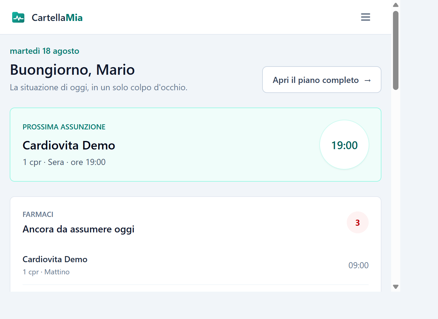 Dashboard CartellaMia con prossima assunzione, farmaci, visita, OCR e scorte